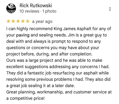 5-star Google review from Rick Rutkowski. Large paving project, great workmanship and competitive price.