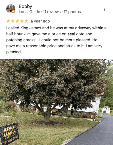 5-star Google review from Bobby — seal coat and crack patching, at driveway within a half hour